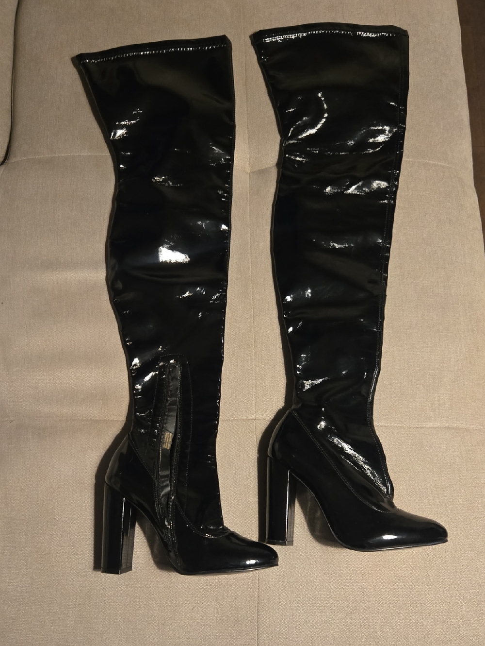 Black Patent Over-the-Knee Block Heel Boots - Picture 1 of 3